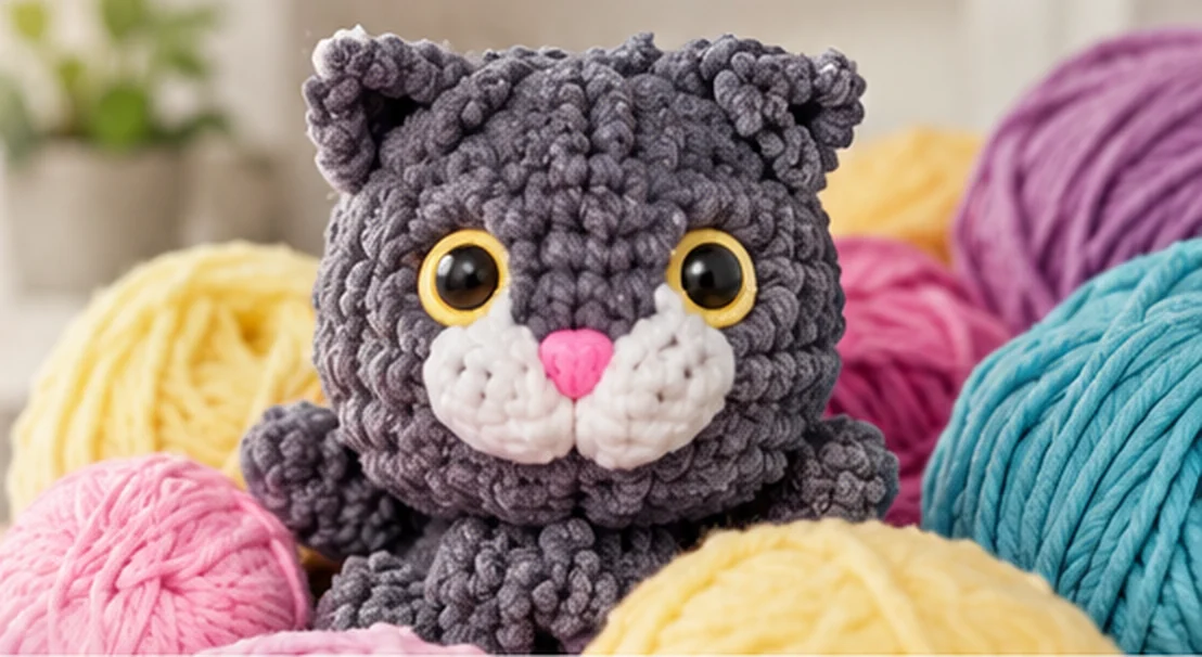 Gatito tejido a crochet rodeado de ovillos de colores